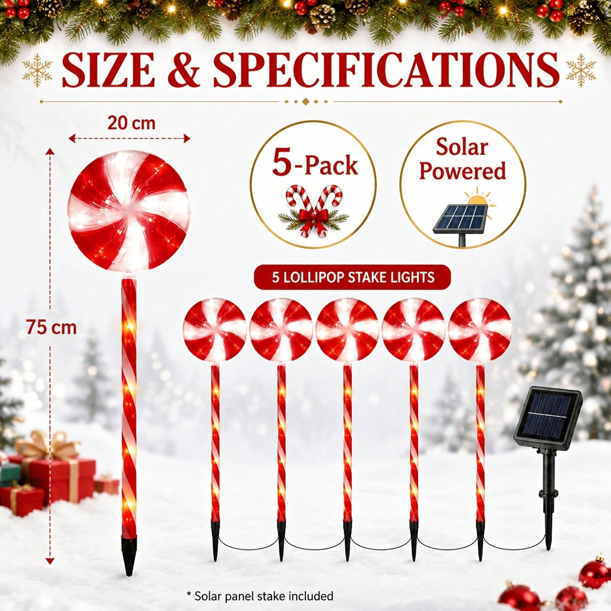 UMEUC 1-To-5 Solar Christmas Candy Ground Stake Lights - Red & White Lollipop LED Pathway Lights, IPX6 Waterproof Christmas Decor For Gardens, Lawns, Porches, And Walkways; Ideal For Holiday Parties And Winter Festive Decoration (600 Lumens)