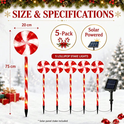 UMEUC 1-To-5 Solar Christmas Candy Ground Stake Lights - Red & White Lollipop LED Pathway Lights, IPX6 Waterproof Christmas Decor For Gardens, Lawns, Porches, And Walkways; Ideal For Holiday Parties And Winter Festive Decoration (600 Lumens)