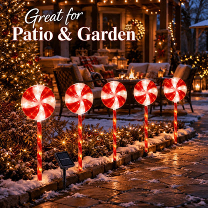 UMEUC 1-To-5 Solar Christmas Candy Ground Stake Lights - Red & White Lollipop LED Pathway Lights, IPX6 Waterproof Christmas Decor For Gardens, Lawns, Porches, And Walkways; Ideal For Holiday Parties And Winter Festive Decoration (600 Lumens)