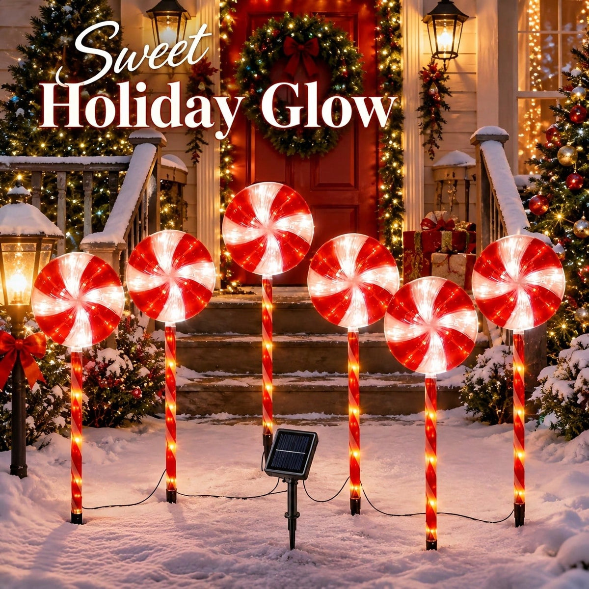 UMEUC 1-To-5 Solar Christmas Candy Ground Stake Lights - Red & White Lollipop LED Pathway Lights, IPX6 Waterproof Christmas Decor For Gardens, Lawns, Porches, And Walkways; Ideal For Holiday Parties And Winter Festive Decoration (600 Lumens)