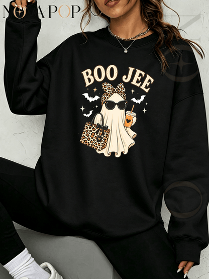 Women Thin Crewneck Sweatshirt, Boo-Jee Leopard Bow Ghost Bat Graphic Print, Back To School Fall Outfit For Women, Halloween Vacation Gift