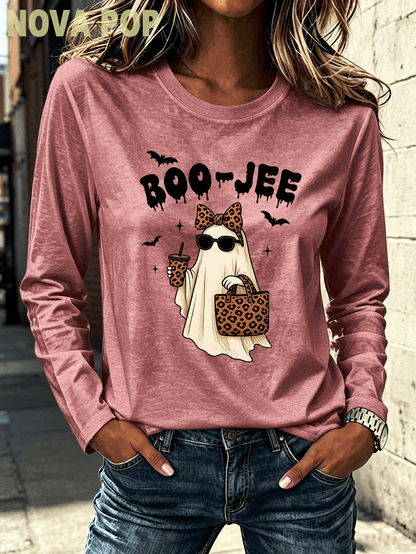 Women Thin Crewneck Sweatshirt, Boo-Jee Leopard Bow Ghost Bat Graphic Print, Back To School Fall Outfit For Women, Halloween Vacation Gift