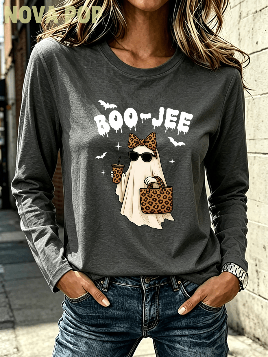 Women Thin Crewneck Sweatshirt, Boo-Jee Leopard Bow Ghost Bat Graphic Print, Back To School Fall Outfit For Women, Halloween Vacation Gift