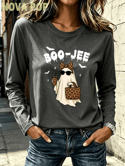 Women Thin Crewneck Sweatshirt, Boo-Jee Leopard Bow Ghost Bat Graphic Print, Back To School Fall Outfit For Women, Halloween Vacation Gift