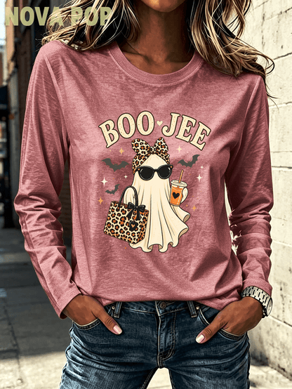 Women Thin Crewneck Sweatshirt, Boo-Jee Leopard Bow Ghost Bat Graphic Print, Back To School Fall Outfit For Women, Halloween Vacation Gift
