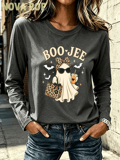 Women Thin Crewneck Sweatshirt, Boo-Jee Leopard Bow Ghost Bat Graphic Print, Back To School Fall Outfit For Women, Halloween Vacation Gift