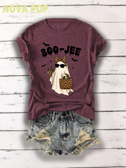 Women Thin Crewneck Sweatshirt, Boo-Jee Leopard Bow Ghost Bat Graphic Print, Back To School Fall Outfit For Women, Halloween Vacation Gift