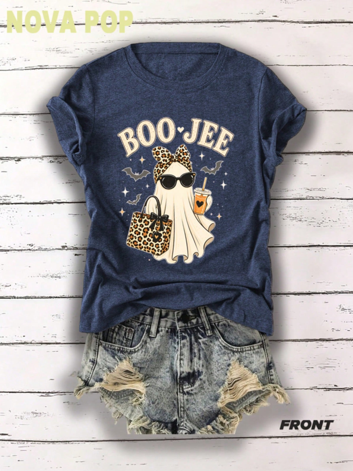 Women Thin Crewneck Sweatshirt, Boo-Jee Leopard Bow Ghost Bat Graphic Print, Back To School Fall Outfit For Women, Halloween Vacation Gift