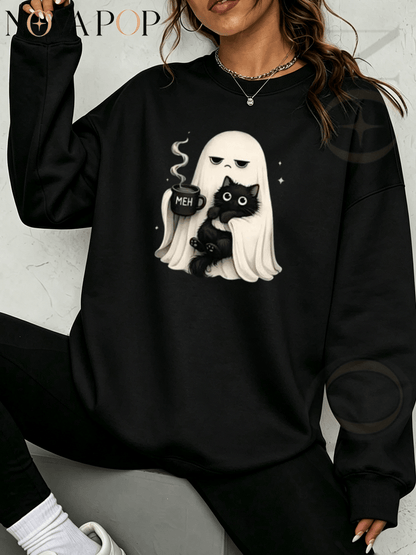 Women Thin Crewneck Sweatshirt, Boo-Jee Leopard Bow Ghost Bat Graphic Print, Back To School Fall Outfit For Women, Halloween Vacation Gift