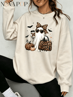 Women Thin Crewneck Sweatshirt, Boo-Jee Leopard Bow Ghost Bat Graphic Print, Back To School Fall Outfit For Women, Halloween Vacation Gift