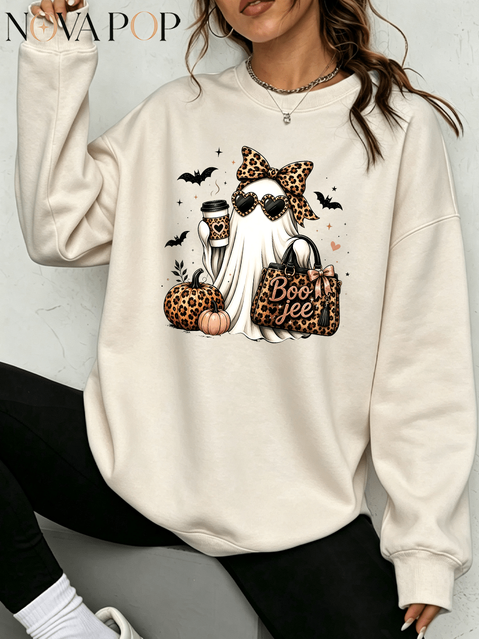 Women Thin Crewneck Sweatshirt, Boo-Jee Leopard Bow Ghost Bat Graphic Print, Back To School Fall Outfit For Women, Halloween Vacation Gift