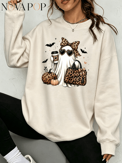 Women Thin Crewneck Sweatshirt, Boo-Jee Leopard Bow Ghost Bat Graphic Print, Back To School Fall Outfit For Women, Halloween Vacation Gift