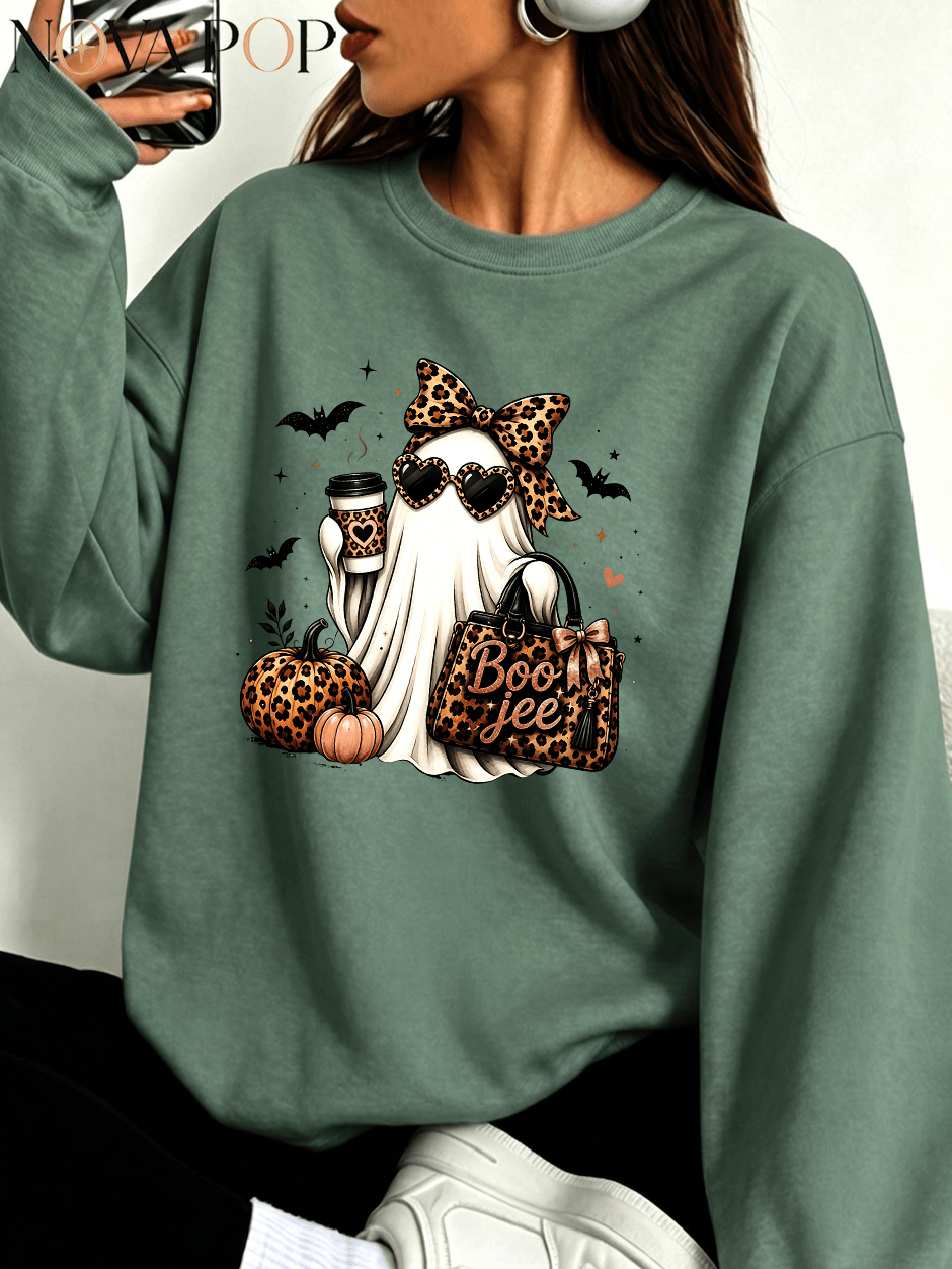 Women Thin Crewneck Sweatshirt, Boo-Jee Leopard Bow Ghost Bat Graphic Print, Back To School Fall Outfit For Women, Halloween Vacation Gift