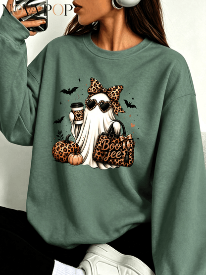Women Thin Crewneck Sweatshirt, Boo-Jee Leopard Bow Ghost Bat Graphic Print, Back To School Fall Outfit For Women, Halloween Vacation Gift