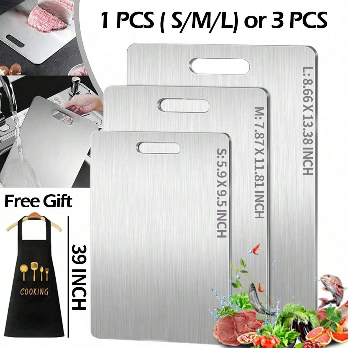 1 PCS (S/M/L) Or 3 PCS Stainless Steel Cutting Boards, 0.04 IN Thick, Slim Portable Cutting Board,Comes With Apron, Kitchen Cutting Board, Easy To Clean, Kitchen-Ready, Space-Saving, Rust-Resistant, Halloween And Christmas Gifts
