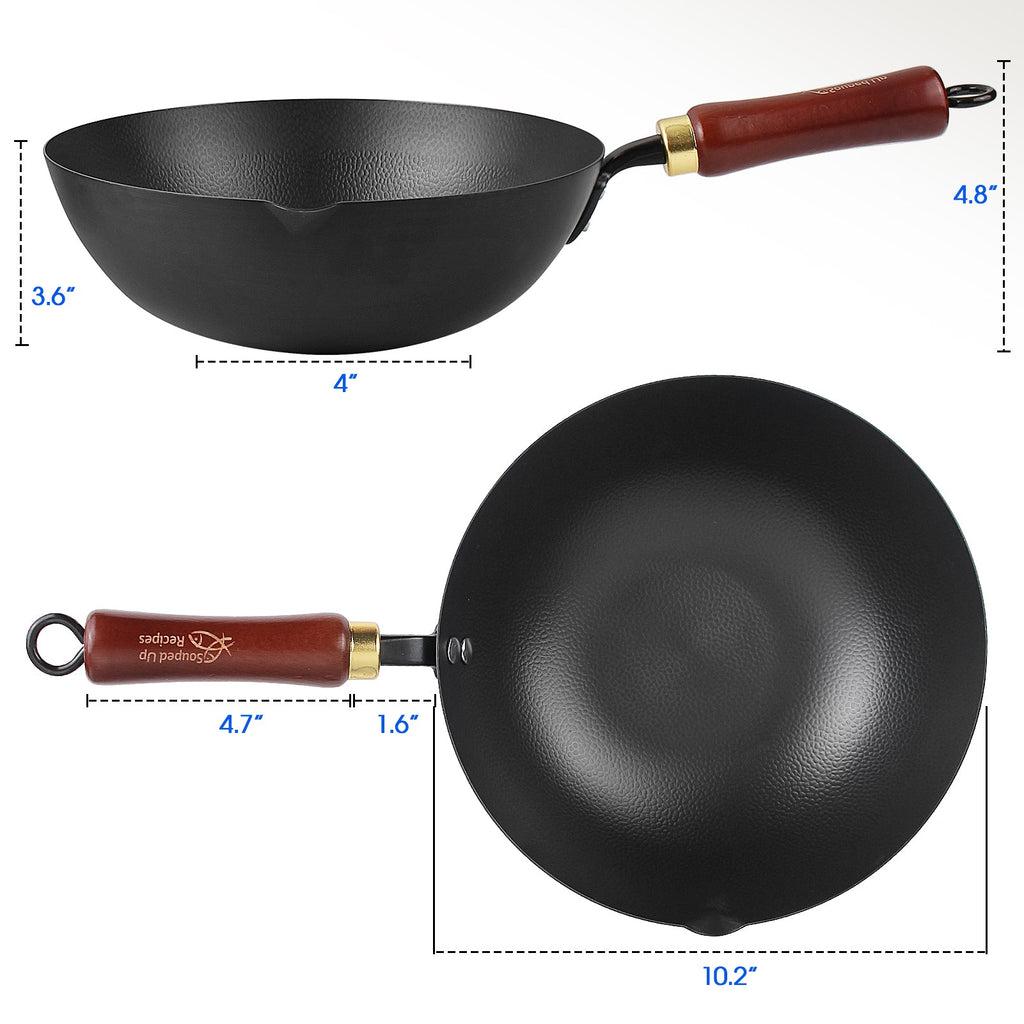 Souped Up Recipes 10 Inch Carbon Steel Wok For Electric, Induction and Gas Stoves (Lid and User Guide Video Included)