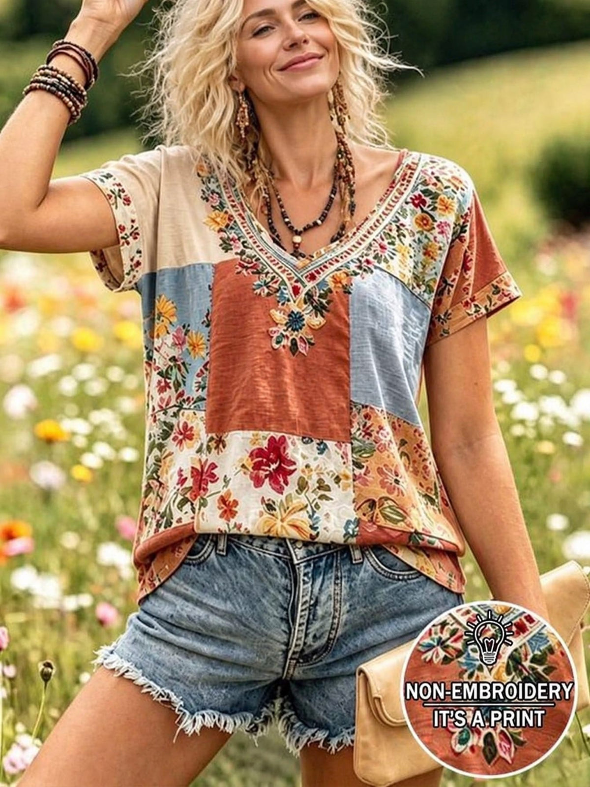 Selamara Bohemian Boho Style Beige Floral Embroidered V-Neck T-Shirt, Summer Vacation Casual Short Sleeve Top Picnic Vacation