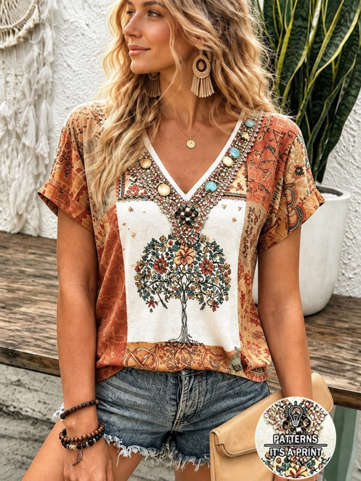 Selamara Bohemian Boho Style Beige Floral Embroidered V-Neck T-Shirt, Summer Vacation Casual Short Sleeve Top Picnic Vacation