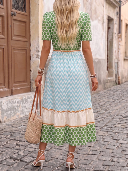 SHEIN Holidaya Women's Vintage Boho Old Money Geometric Print V-Neck Button-Down Short Sleeve Casual Dress Everyday Picnic Outing Party Vacation Green Summer