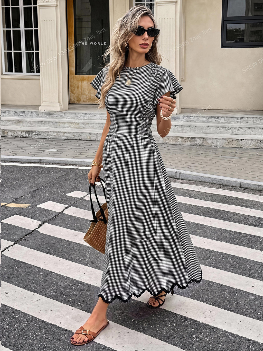 Serisse Women's Plaid Round Neck Ruffle Short Sleeve Elegant Long Dress
