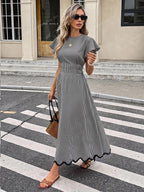 Serisse Women's Plaid Round Neck Ruffle Short Sleeve Elegant Long Dress