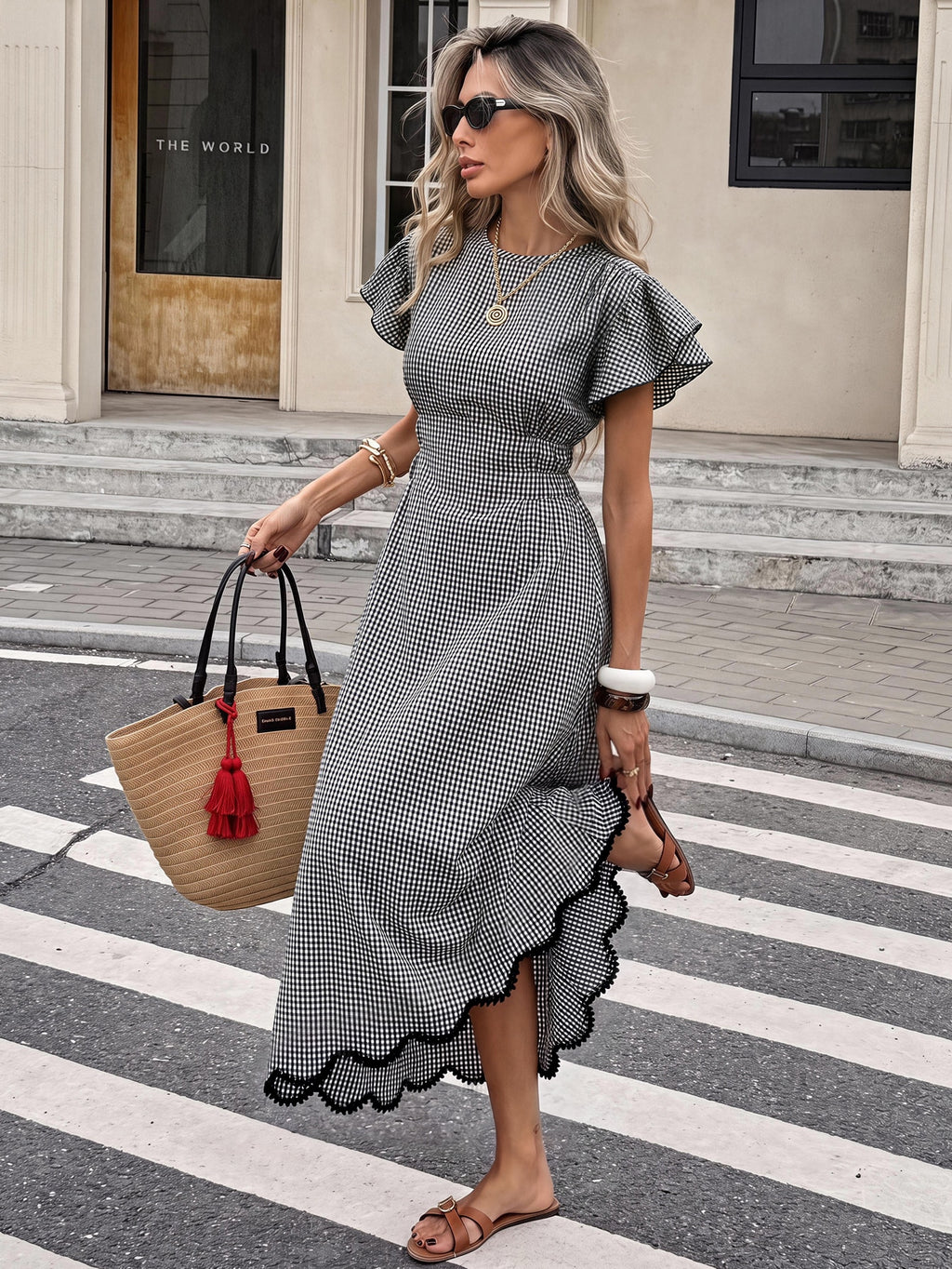 Serisse Women's Plaid Round Neck Ruffle Short Sleeve Elegant Long Dress