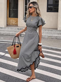 Serisse Women's Plaid Round Neck Ruffle Short Sleeve Elegant Long Dress