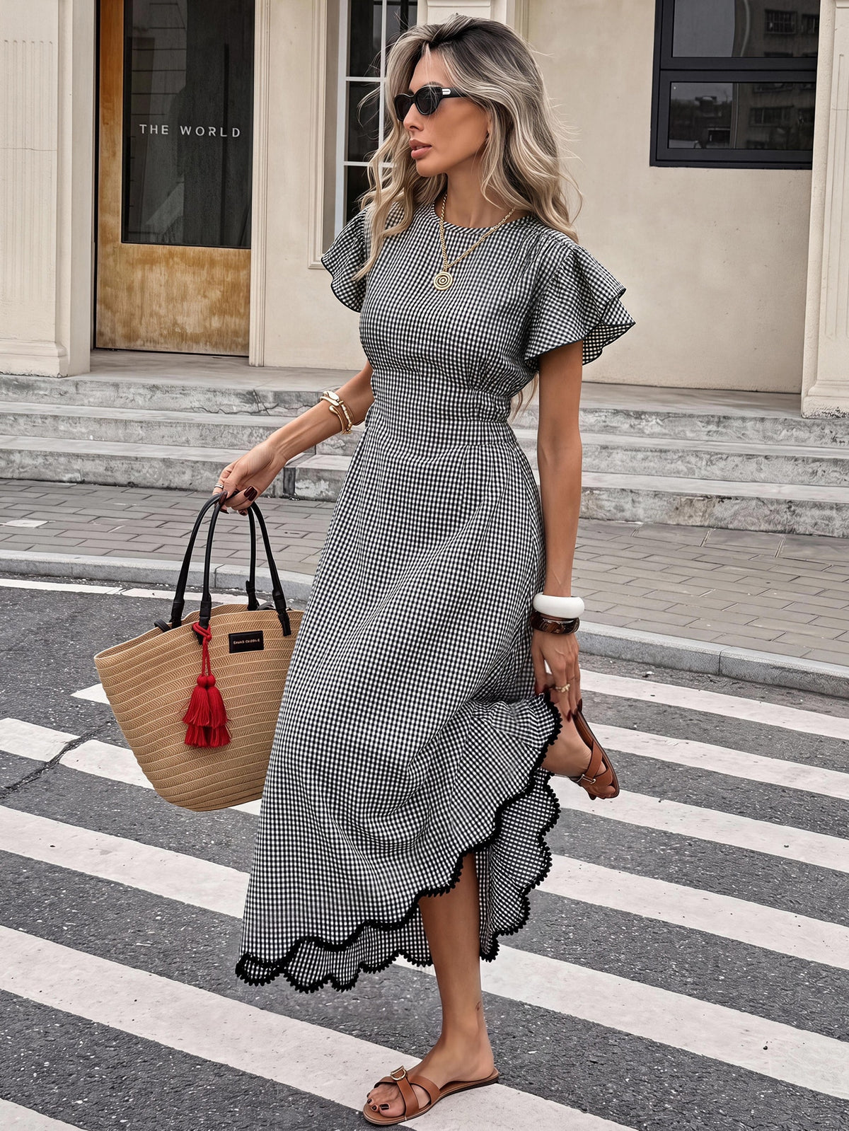Serisse Women's Plaid Round Neck Ruffle Short Sleeve Elegant Long Dress