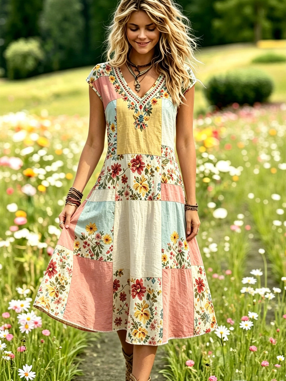 Selamara Bohemian Pastoral Style Faux Patchwork Floral Print Dress, Mori Style Gentle Relaxed V-Neck Sleeveless Dress, Summer Beach Casual Vacation Travel A-Line Dress