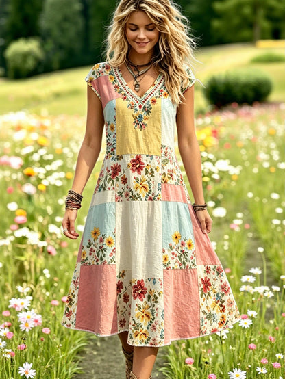 Selamara Bohemian Pastoral Style Faux Patchwork Floral Print Dress, Mori Style Gentle Relaxed V-Neck Sleeveless Dress, Summer Beach Casual Vacation Travel A-Line Dress