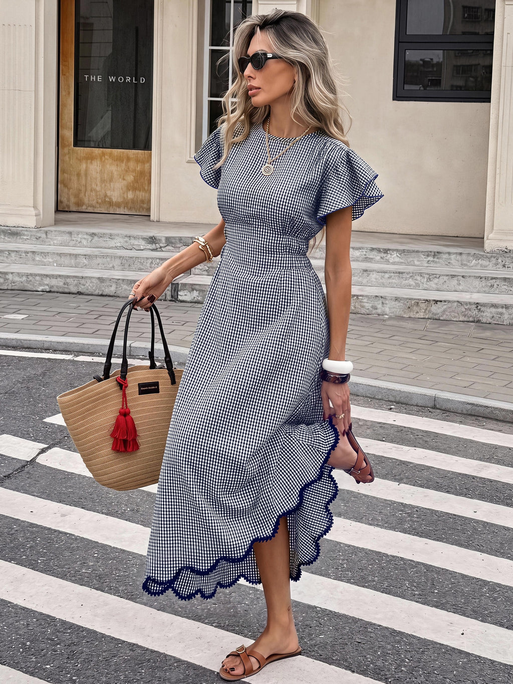 Serisse Women's Plaid Round Neck Ruffle Short Sleeve Elegant Long Dress