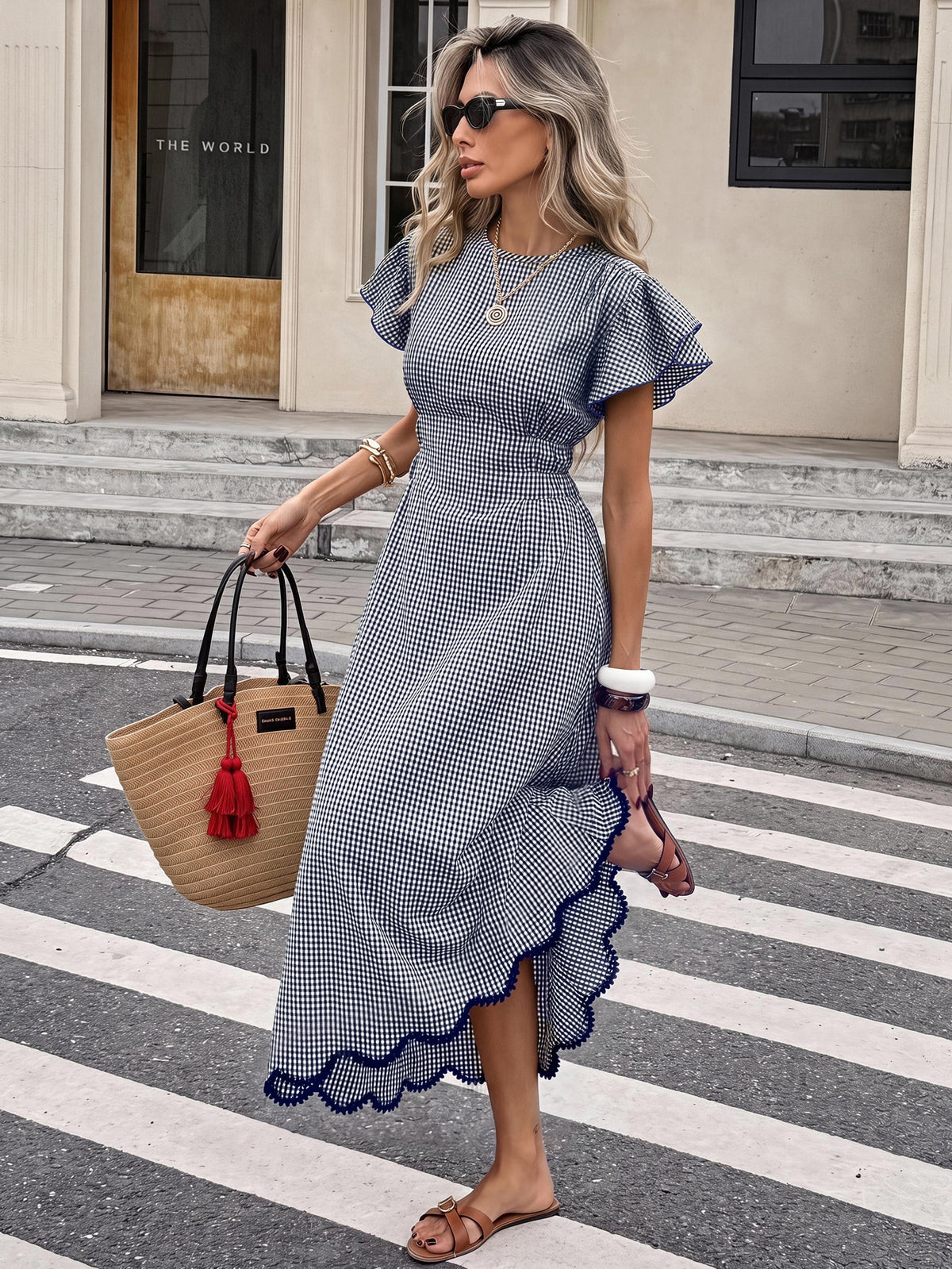 Serisse Women's Plaid Round Neck Ruffle Short Sleeve Elegant Long Dress