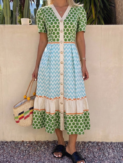 SHEIN Holidaya Women's Vintage Boho Old Money Geometric Print V-Neck Button-Down Short Sleeve Casual Dress Everyday Picnic Outing Party Vacation Green Summer