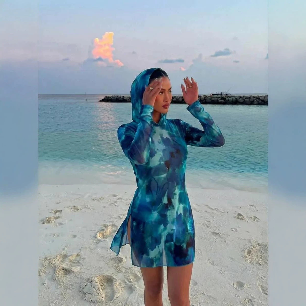 Amazon's best-selling sexy mesh sheer print hooded dress, European and American style slim sun-protective cover-up    sun cover up sun cover ups women sun cover up rms beach cover up dress beach cover up skirt