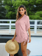 Women's Swimsuit Cover Up Drawstring Beach Shirt Dress, Loose Solid Bikini Coverup, Quick Dry UV Protection Beachwear