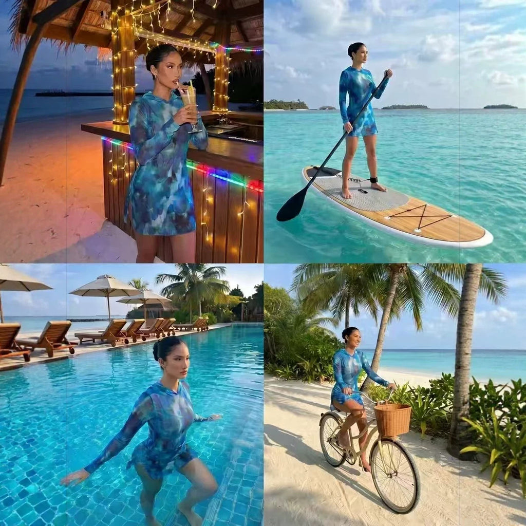 Sexy mesh sheer print hooded sun-protective dress, European-American style slim-fit cover-up sun-protective clothing