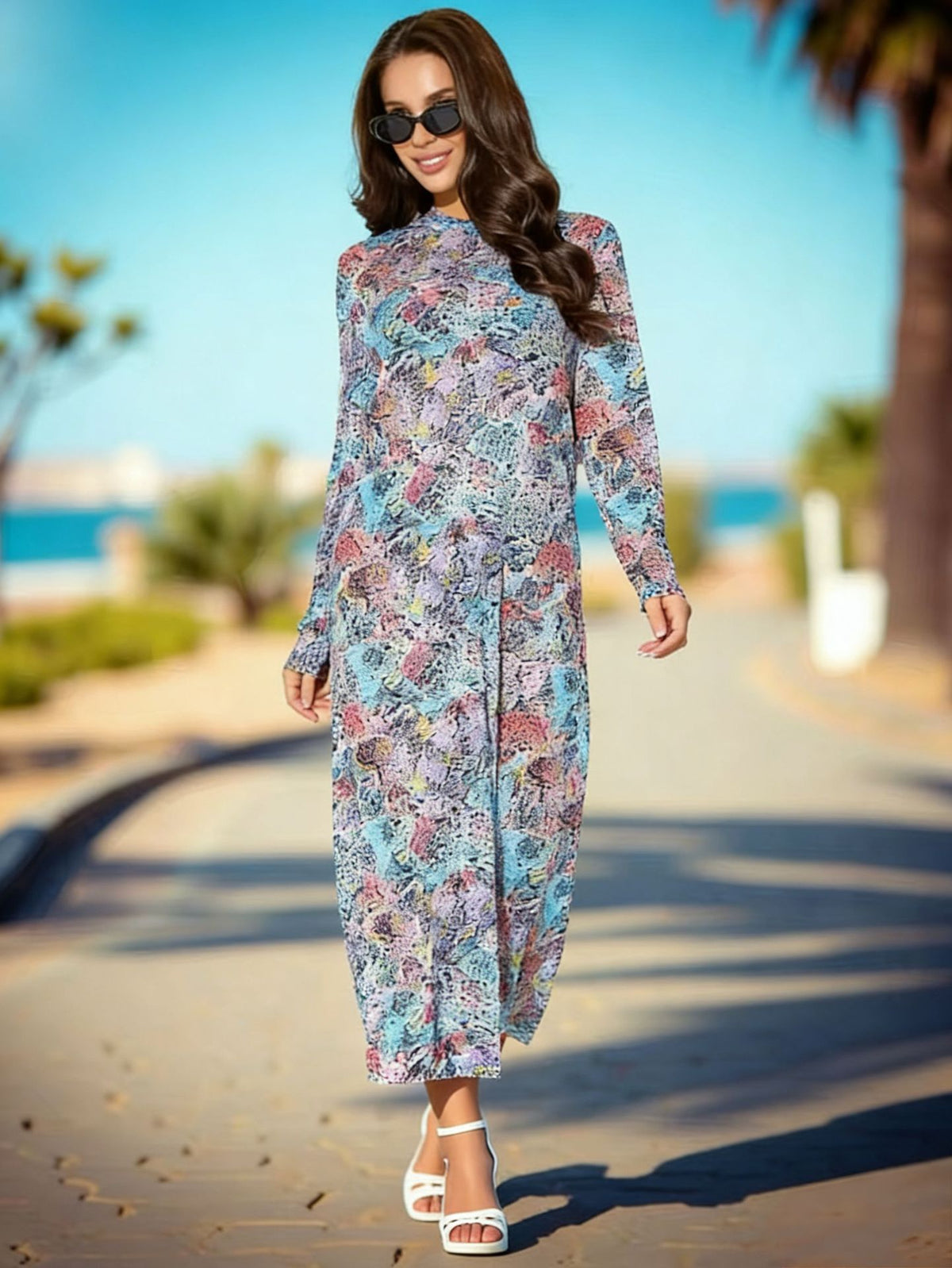 Mesh print beach cover-up long-sleeve sun-protection one-piece swimsuit cover-up shirt