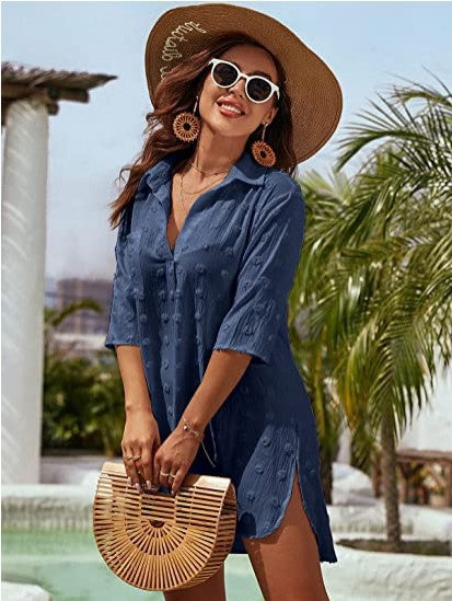 Chiffon jacquard large pom-pom loose casual cover-up for women