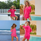 Women's Swimsuit Cover Up Drawstring Beach Shirt Dress, Loose Solid Bikini Coverup, Quick Dry UV Protection Beachwear