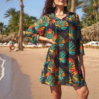 Sun protection mesh print beach cover-up, three-quarter sleeve one-piece swimsuit, cover-up, beach sun protection shirt