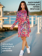 Sexy mesh sheer print hooded sun-protective dress, European-American style slim-fit cover-up sun-protective clothing