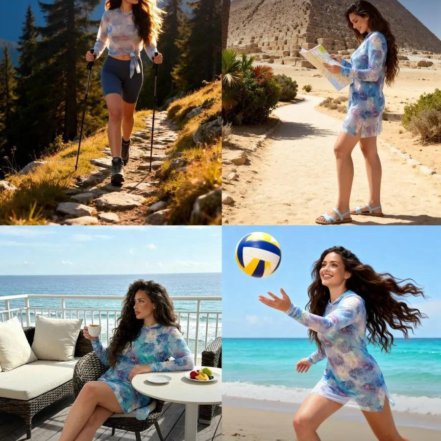 Sexy mesh sheer print hooded sun-protective dress, European-American style slim-fit cover-up sun-protective clothing