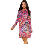 Sexy mesh sheer print hooded sun-protective dress, European-American style slim-fit cover-up sun-protective clothing