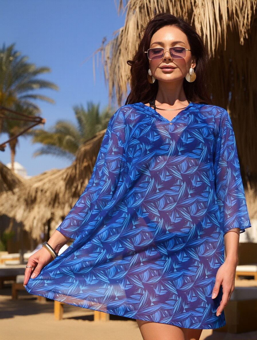 Sun protection mesh print beach cover-up, three-quarter sleeve one-piece swimsuit, cover-up, beach sun protection shirt