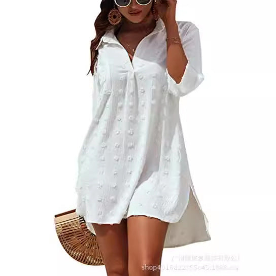 Chiffon jacquard large pom-pom loose casual cover-up for women
