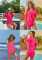 Women's Swimsuit Cover Up Drawstring Beach Shirt Dress, Loose Solid Bikini Coverup, Quick Dry UV Protection Beachwear