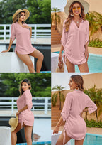 Women's Swimsuit Cover Up Drawstring Beach Shirt Dress, Loose Solid Bikini Coverup, Quick Dry UV Protection Beachwear