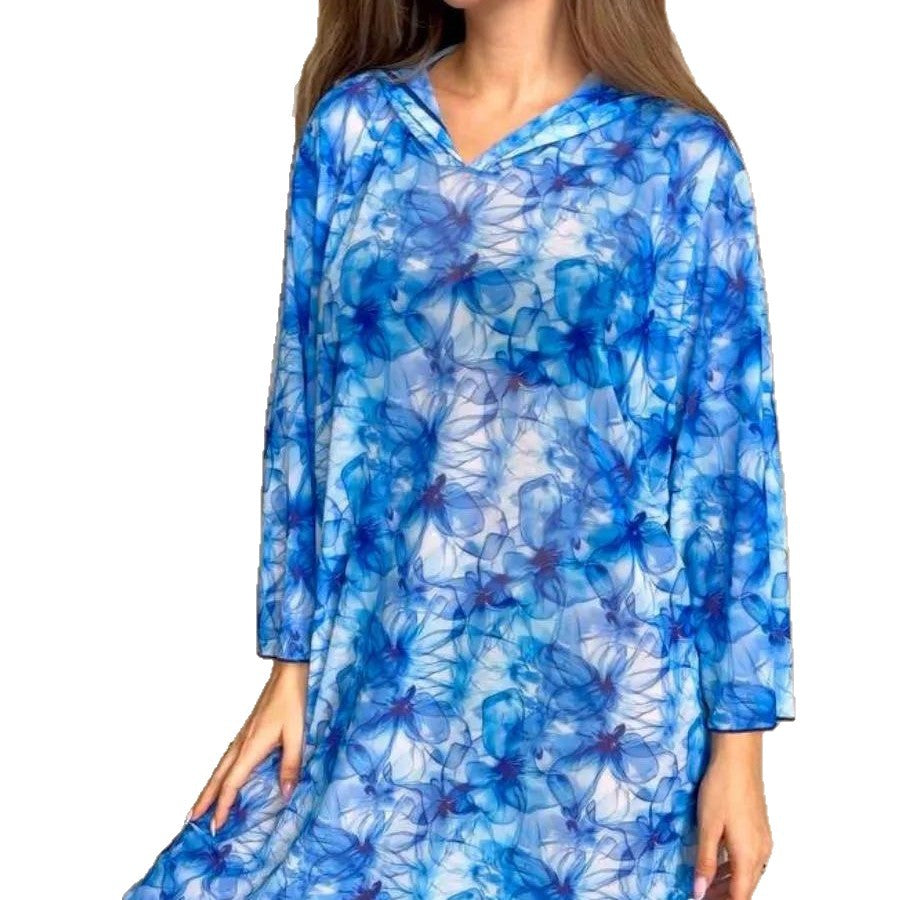 Sun protection mesh print beach cover-up, three-quarter sleeve one-piece swimsuit, cover-up, beach sun protection shirt