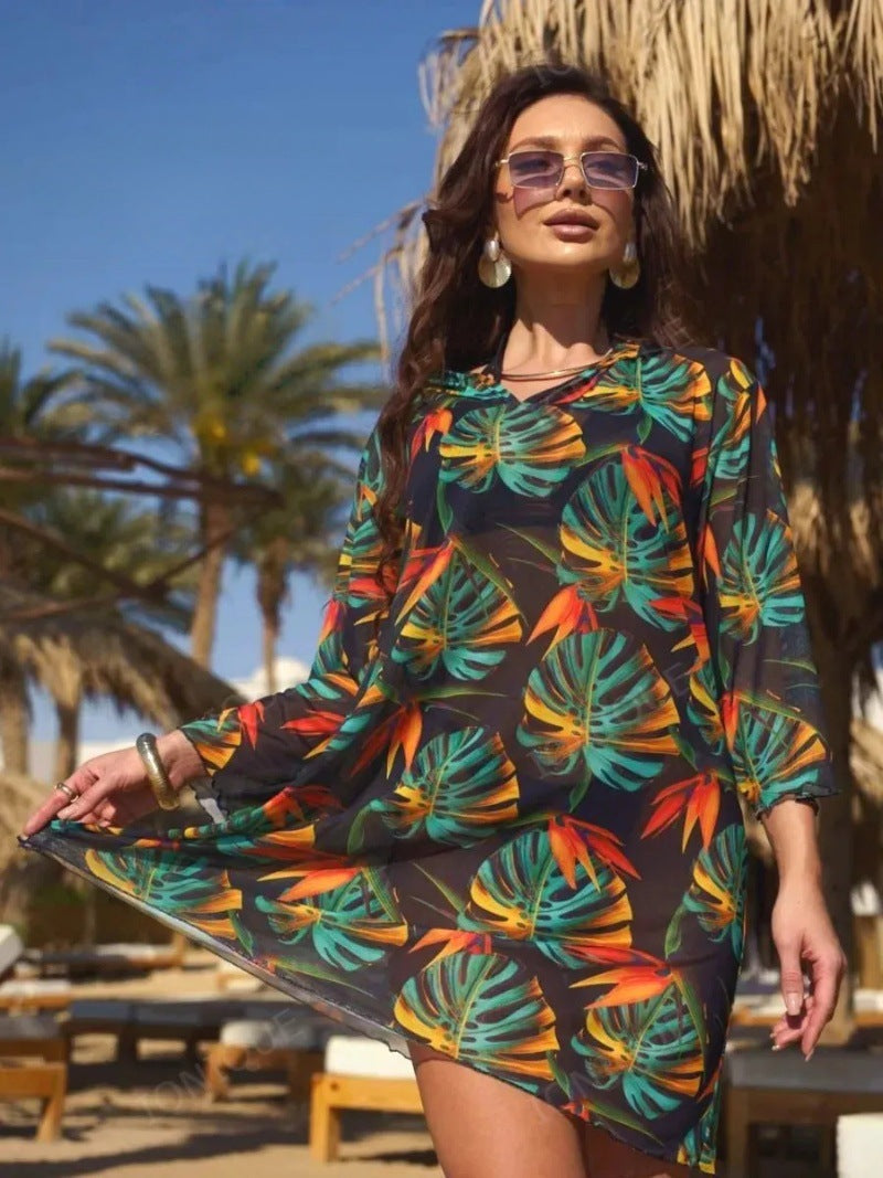 Sun protection mesh print beach cover-up, three-quarter sleeve one-piece swimsuit, cover-up, beach sun protection shirt