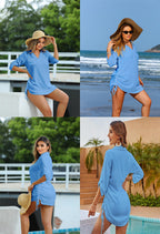 Women's Swimsuit Cover Up Drawstring Beach Shirt Dress, Loose Solid Bikini Coverup, Quick Dry UV Protection Beachwear
